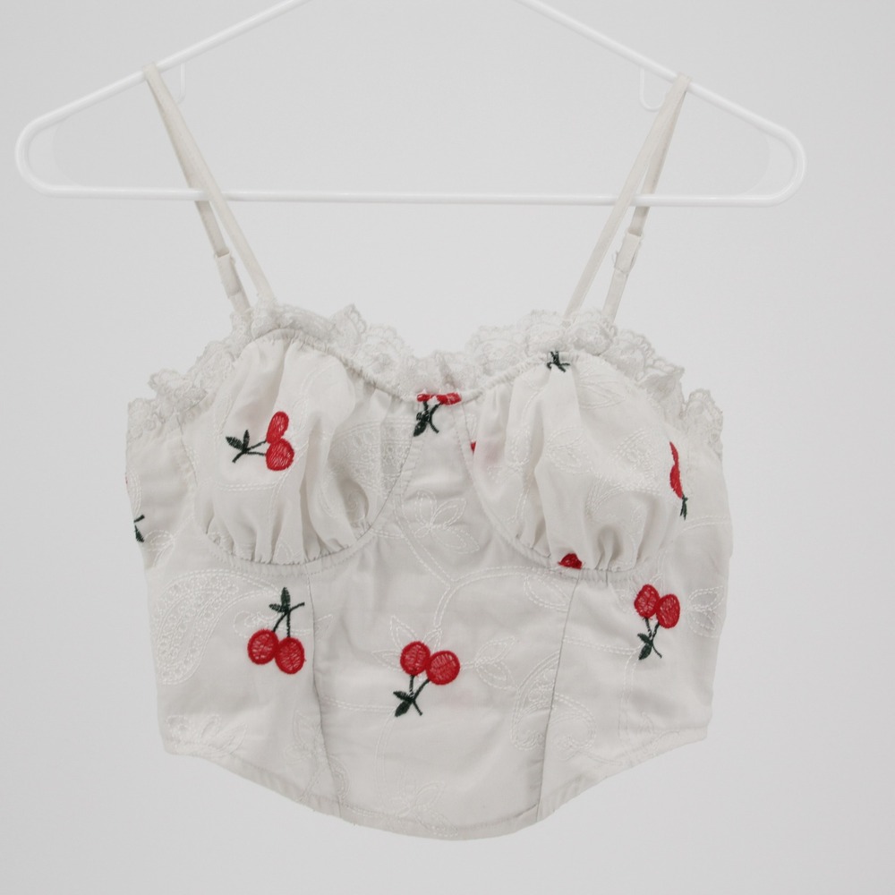 SHEIN Women's White Cherry Embroidered Lace Trim Corset Cami Top Size 6